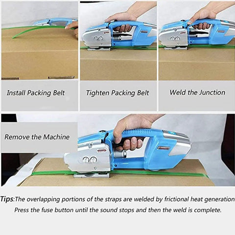 Portable Handheld Electric Strapping Machine Hot Melt Welding Banding Tool demonstrating packing belt installation and welding process.