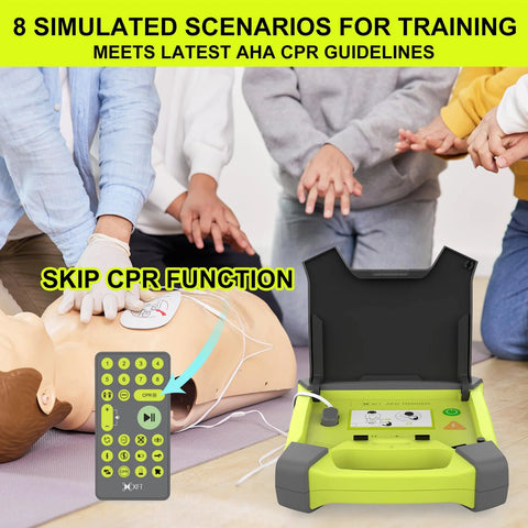 AED Trainer XFT-120GA kit with neon-green case, remote control, and CPR mannequin (front view)