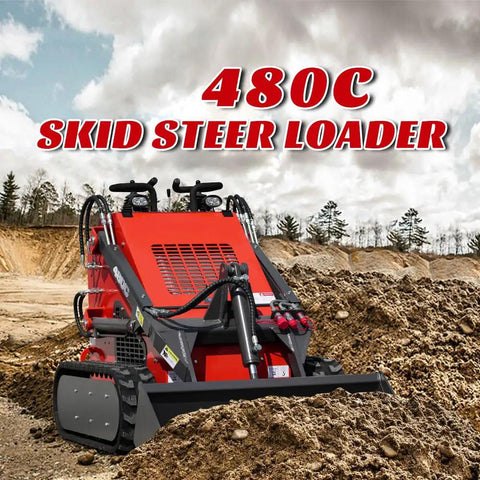 Compact Stand-On Skid Steer Loader With 23 HP Gas Engine, 800 Kg Lift Capacity, Bucket Attachment in red on dirt mound