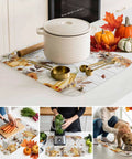 Fall Thanksgiving Dish Drying Mat Set With Pumpkin Leaves Design Absorbent Microfiber Over Cushioned Sponge Core 16 By 18 Inches displayed in use.