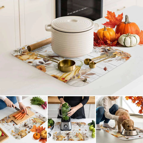 Fall Thanksgiving Dish Drying Mat Set With Pumpkin Leaves Design Absorbent Microfiber Over Cushioned Sponge Core 16 By 18 Inches displayed in use.