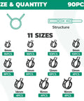 11 sizes of 90 Piece Spring Hose Clamp Kit 6-16mm With Constant Tension, includes sizes from 6mm to 16mm, 90 pieces total