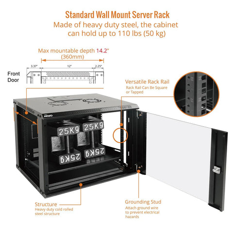 Nine U Wall Mount Server Cabinet With Lockable Tempered Glass Door And Side Panels Hella Secure Steel Build Knockout Design No Drama Setup For 19 Inch Network Racks Audio Gear Black