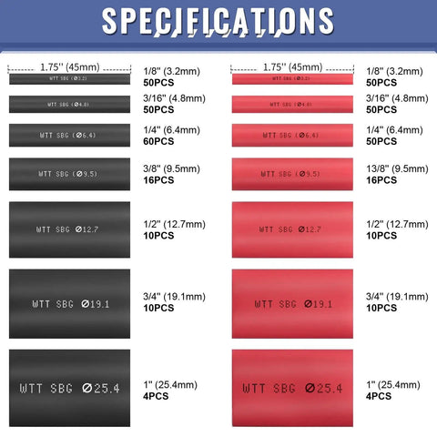 Specifications chart of Pro Grade Heat Shrink Tubing Kit With Adhesive Lined 3 To 1 Ratio Marine Grade Shrink Wrap 400 Piece Set.