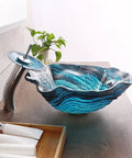 USZWBY Bathroom Vessel Sink, Countertop Sink Bowl Tempered Glass Vanity Sink Bowl On The Top, blue swirling design with waterfall faucet.
