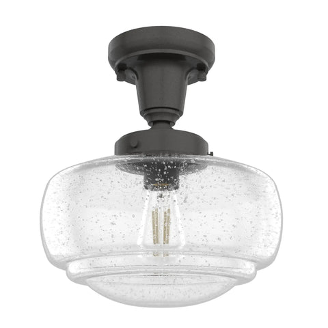 Saddle Creek Schoolhouse Style 1-Light Pendant With Noble Bronze Finish And Seeded Glass Shade, ceiling mounted view