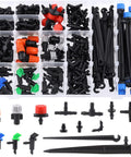 240Pcs Barbed Connectors Drip Irrigation Fittings Kit For Sprinkler Systems with tees, valves, stakes, and couplings