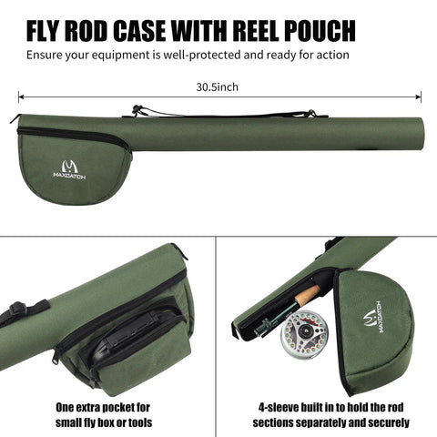 All-In-One Fly Fishing Starter Kit With 5 Weight 9 Ft 4-Piece Rod, showing green travel case with reel pouch