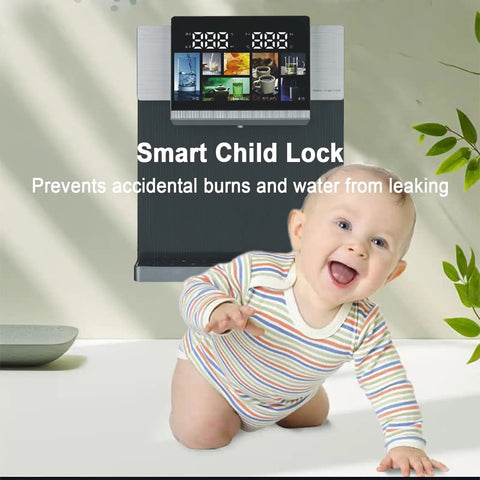 Wall Mounted Instant Hot Water Dispenser 2800W With 5 Temperature Levels shown with smart child lock feature, gray finish