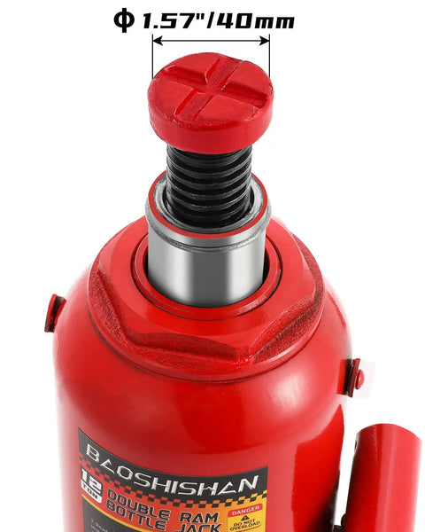 Close-up of Beefy 12 Ton Double Ram Bottle Jack Portable Hydraulic Lift For Cars And Trucks with visible screw top extension.