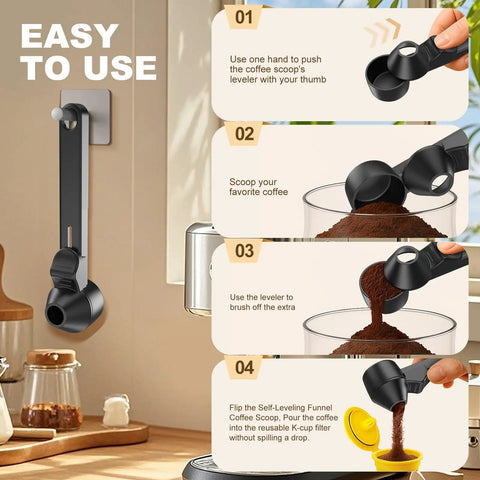 Mess Free Two Tablespoon Coffee Scoop With Built In Funnel For Reusable K Cup Pods shown with step-by-step use instructions