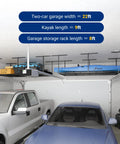 Overhead Garage Storage Rack 4x8 Ceiling Mount Beefy Heavy Duty Metal Rack With 750 Lbs Capacity showing kayak and boxes in garage.