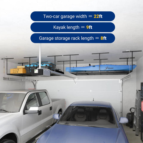 Overhead Garage Storage Rack 4x8 Ceiling Mount Beefy Heavy Duty Metal Rack With 750 Lbs Capacity showing kayak and boxes in garage.