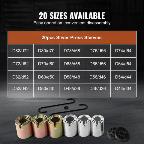 Image of Pull And Press Sleeve Kit for Auto Repair Pro Grade 26 Pcs, showing steel sleeves and tools, various sizes labeled.