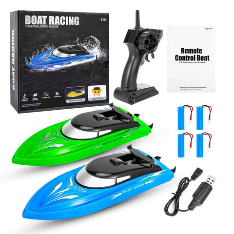 2 Pack Dope RC Boats for Pools and Lakes, 10km/h 2.4G Remote Control Speed Boats for Kids and Adults, Includes 4 Rechargeable Batteries, USB Cables, User Manual and Tools, Blue Green