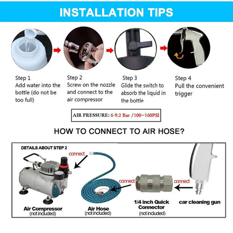 Installation tips for High Pressure Car Interior Cleaning Gun With Air Blower For Upholstery And Carpet Auto Detailing Kit setup.