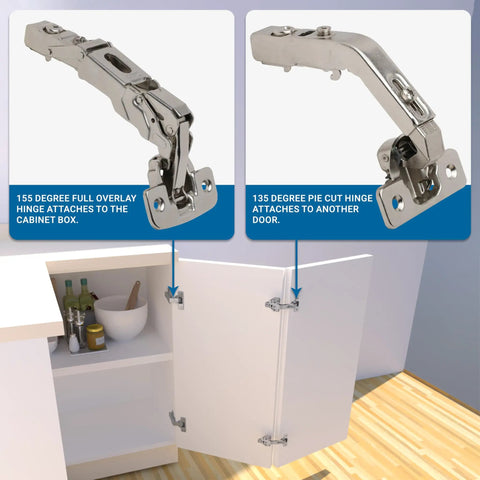 Top Shelf 2 Pack Bi Fold Corner Lazy Susan Hinges With Self Closing Action And 135 Degree Sweep Nickel Plated Cabinet Hardware.