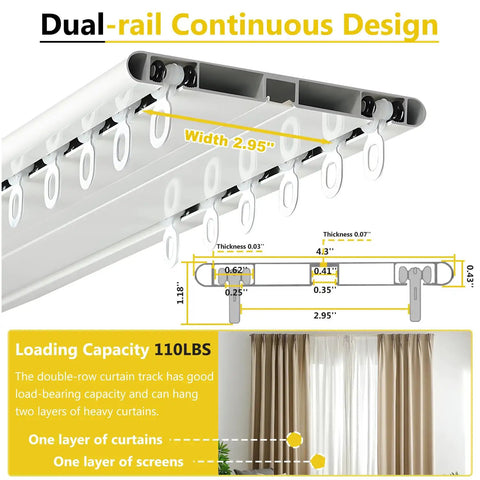Double Row Curtain Track System With Silent Aluminum Alloy Ceiling Rails For Heavy Duty Drapes, Smooth Sliding, Room Divider For Bedroom Living Room And Hospital, White Finish, 1 Meter Length, dual-rail view