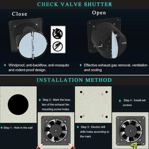 Through Wall Kitchen Exhaust Fan With Stepless Speed Control open and closed valve shutter, installation method shown.