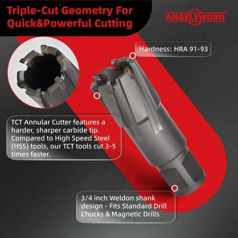 ANGELSWORD TCT annular cutter 3/4 dia, 2 in cutting depth, tungsten carbide tipped for drill press