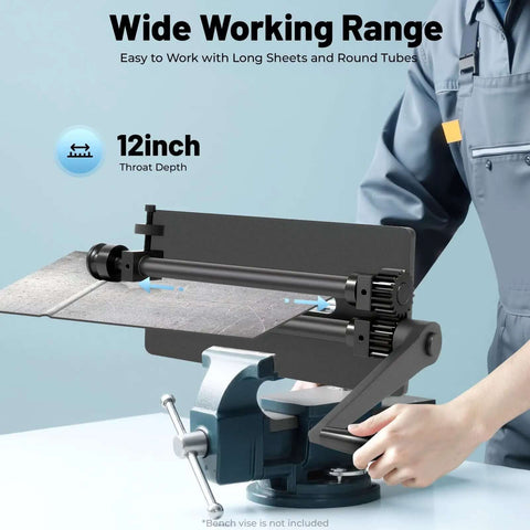 Bead Roller Machine For Sheet Metal, 12 Inch Gear-Drive Bench With Six Dies Set, shown in manual operation, ideal for auto body fabrication