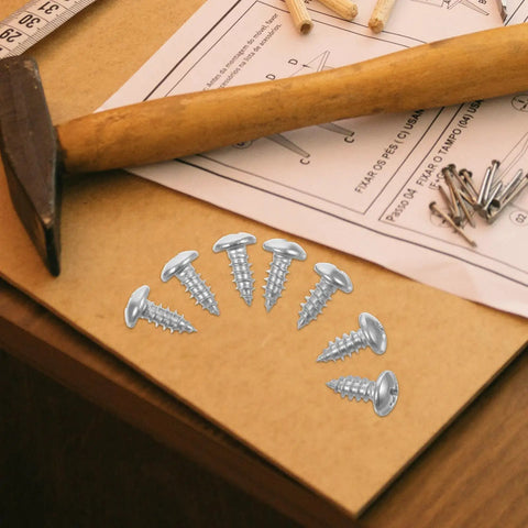 Pan Head Wood Screws Stainless Steel Self-Tapping 100-Piece Set For Furniture Assembly And DIY Projects with hammer and blueprint