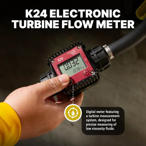 K24 Electronic Turbine Flow Meter held in hand, measuring low viscosity fluids with digital display and robust design.