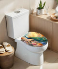 Elongated Peacock Perched Branch Blooming Flowers Vibrant Toilet Seat on a white toilet in a modern bathroom setting.