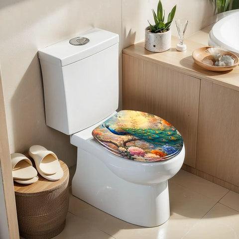 Elongated Peacock Perched Branch Blooming Flowers Vibrant Toilet Seat on a white toilet in a modern bathroom setting.