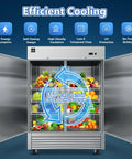 Heavy Duty Commercial Reach In Upright Refrigerator With Slick Stainless Finish Boasting A Massive Forty Three Cubic Foot Layout designed for storing fruits and vegetables.