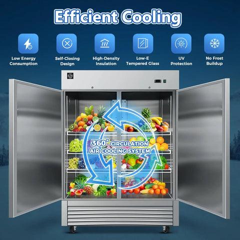 Heavy Duty Commercial Reach In Upright Refrigerator With Slick Stainless Finish Boasting A Massive Forty Three Cubic Foot Layout designed for storing fruits and vegetables.