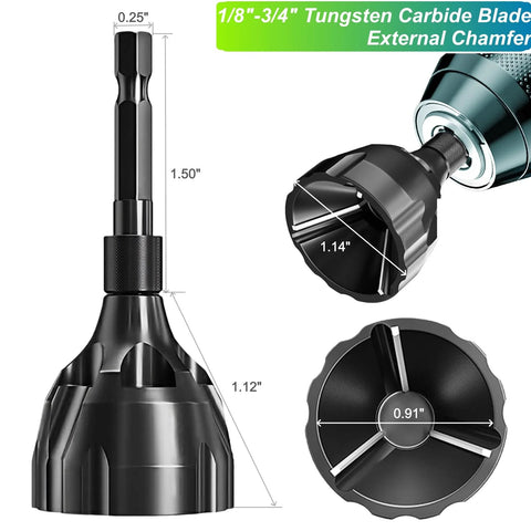 Front, side, and top-down views of SIFFOI 2‑pc tungsten carbide chamfer set with 1/4" hex shank for burr removal.
