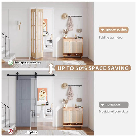 Image comparing a Double 30 By 80 Inch Bifold Barn Door With Tempered Frosted Glass And Solid Wood Space Saving Closet Door Kit next to a traditional sliding barn door.