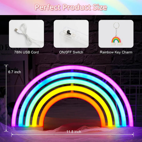 Rainbow Neon Light Sign For Bedroom LED Colorful Rainbow Wall Decor with USB Cable and Key Charm