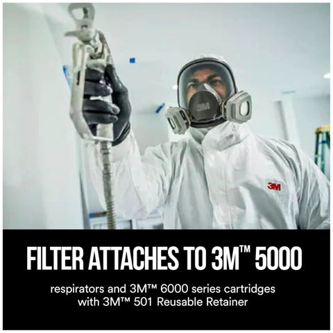 Person wearing respirator demonstrating P95 Particulate Filters 5P71 Pack For Pro Painters, Oil-Based Aerosols with 3M equipment