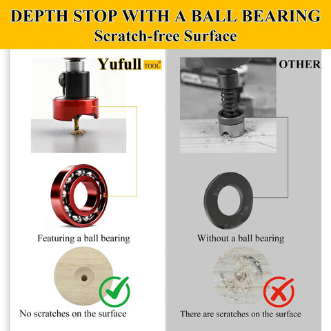 Comparison image showing Carbide Tipped 82 Degree Countersink Drill Bit Set With Pro Grade Low Friction Depth Stop And Adjustable Ball Bearing Stop usage.