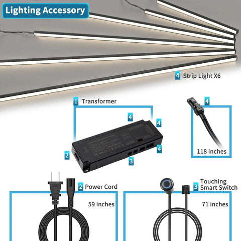 Components of a 6 Piece Self Adhesive LED Recessed Lighting Kit With Smart Switch 3000K Touch Switch shown with cords and transformer.