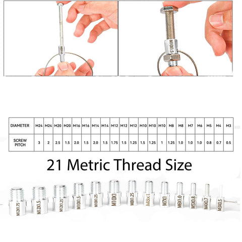 Nut and bolt thread gauge set with 21 metric sizes and 24-inch imperial gauge, metallic tool, includes size chart