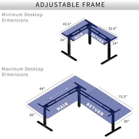 Diagram of dimensions for Electric Triple Motor Height Adjustable Corner Desk Frame For L Shaped Setup With 3 Legs Sit Stand Ergonomic Frame Up To 300 Lbs Black Frame Only DESK V130EB