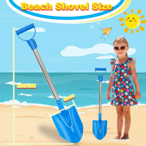 Large blue Heavy Duty Beach Shovel Three Piece Set With Thickened Metal Blade 29 Inch next to child on beach illustration.