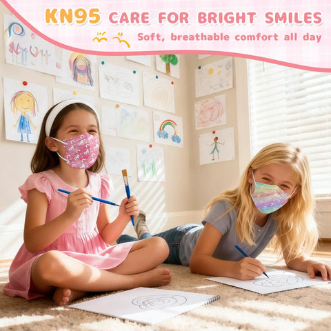 Children wearing Kid Friendly KN95 Face Mask Disposable Unicorn Design for Ages 4-12, 5-Layer Protection while playing indoors.