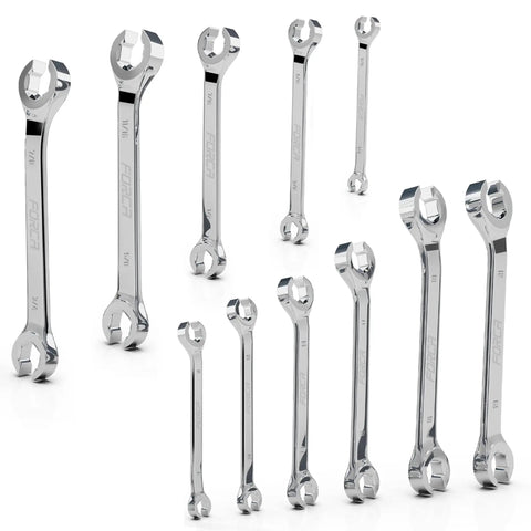11-piece chrome vanadium steel flare nut wrench set for auto and DIY, metric and SAE sizes from 1/4 to 7/8 inch and 9 to 21 mm.