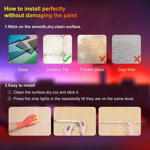 Illustration showing how to install Two Rolls Of Hundred Feet LED Strip Lights 24V 5050 RGB Color Changing on smooth surfaces.