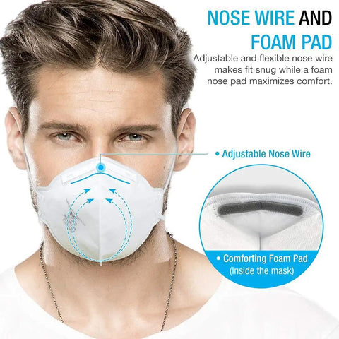 Person wearing NIOSH Certified N95 Mask Particulate Respirator For Everyday Use With Adjustable Nose Clip And Latex Free All Day Comfort 95 Percent Filtration Pack Of 10 Model FT N040 TC 84A 7861 Approved
