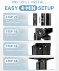 Heavy Duty Under Desk PC Mount Featuring Zero Drill Hassle For Adjustable Standing Workstations setup steps diagram with instructions.