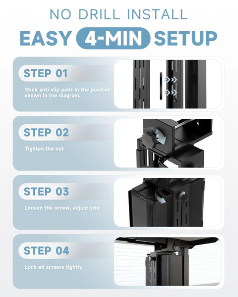 Heavy Duty Under Desk PC Mount Featuring Zero Drill Hassle For Adjustable Standing Workstations setup steps diagram with instructions.