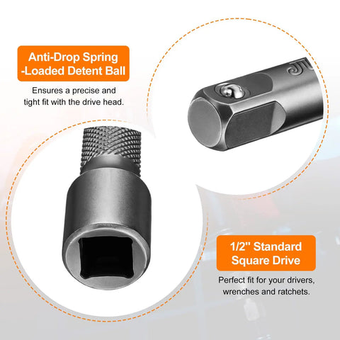 Heavy Duty 1/2 Inch Drive Deep Impact Socket Set Featuring a Massive 19mm Metric Size With A Long 5 Inch Extension Bar And Ratchet Wrench for drive fit