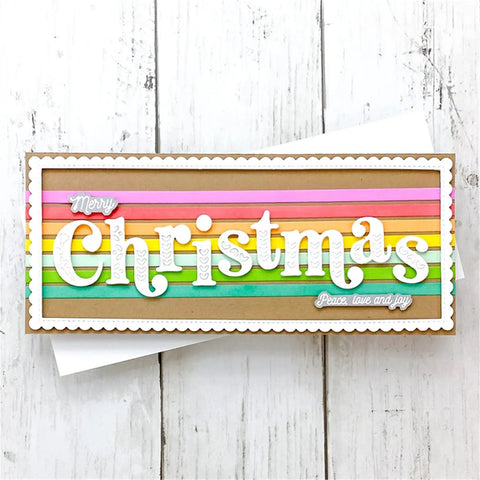 Crafted card with Strip Frame Metal Die Cut Set for Scrapbooking, featuring colorful stripes and 'Merry Christmas' text on wooden background.
