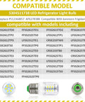 Image showing LED light bulb compatibility list with Frigidaire, Electrolux, Kenmore models, including bulb details and specifications.