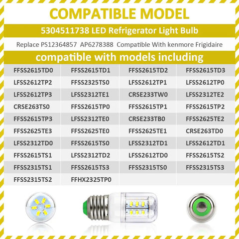 Image showing LED light bulb compatibility list with Frigidaire, Electrolux, Kenmore models, including bulb details and specifications.